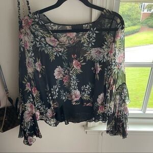 Black silk intermix floral top